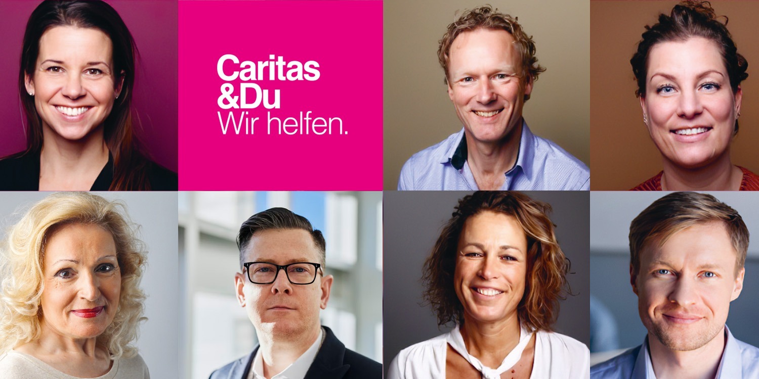 Mehrere lächelnde Frauen- und Männergesichter in einer Collage, dazu der Schriftzug 