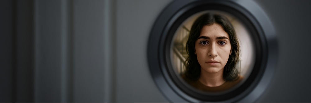 Das Gesicht einer Frau ist durch einen Türspion zu sehen.