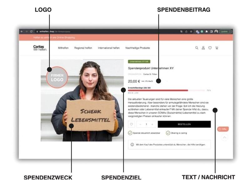 Ein Screenshot einer individualisierten Spendenaktion im wirhelfen.shop
