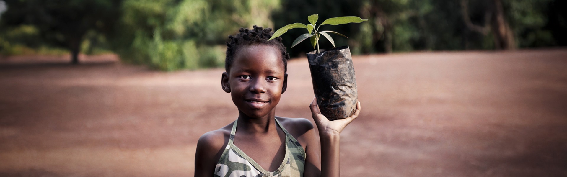 Ein afrikanisches Kind hält einen Pflanzen-Setzling in der Hand.
