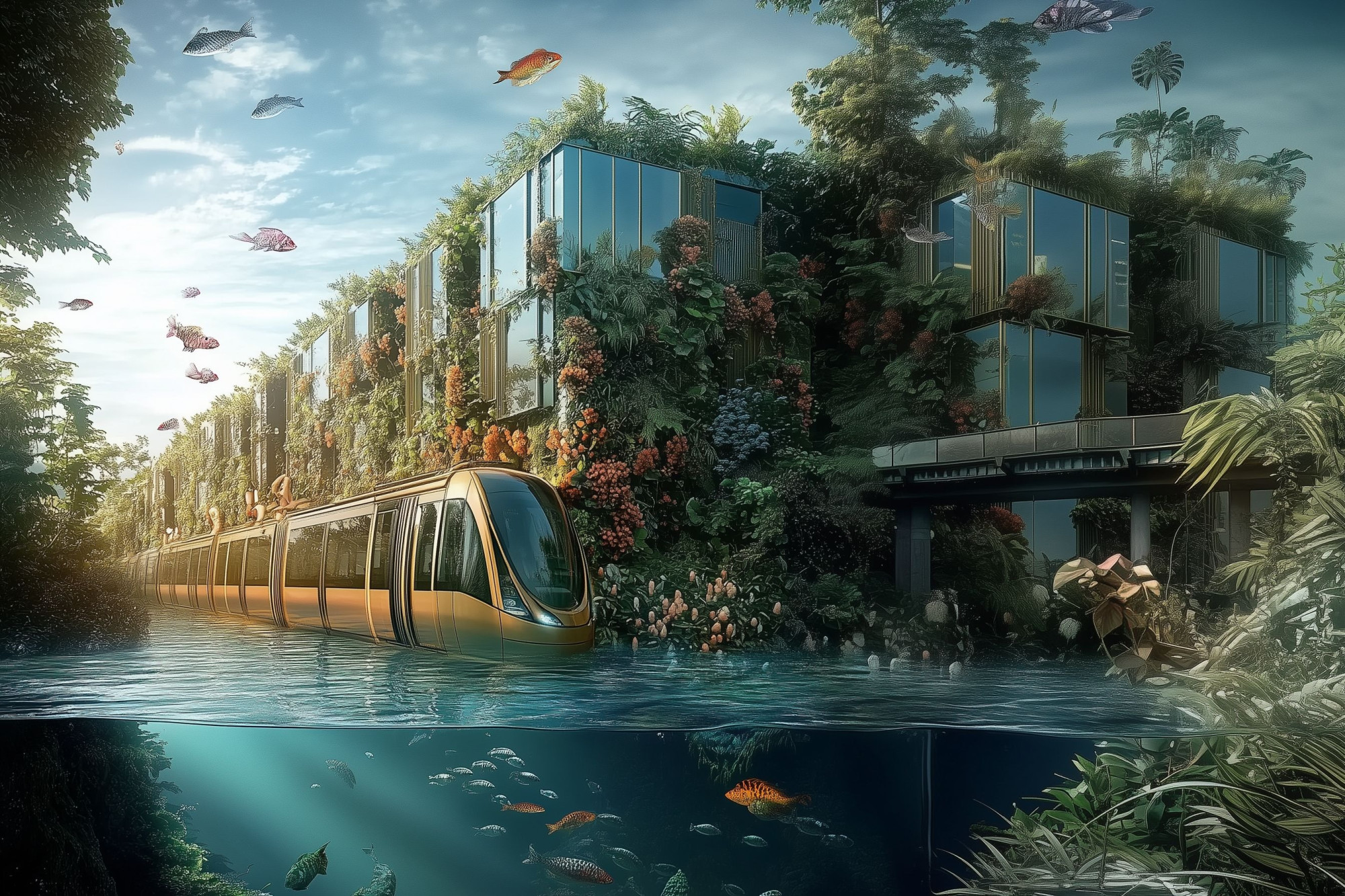 ein generiertes Bild der künstlichen Intelligenz von einer Straßenbahn im grünen Straßenraum